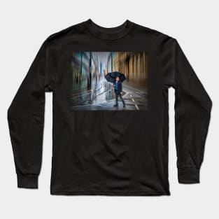 Man with Umbrella in Rainy City Long Sleeve T-Shirt